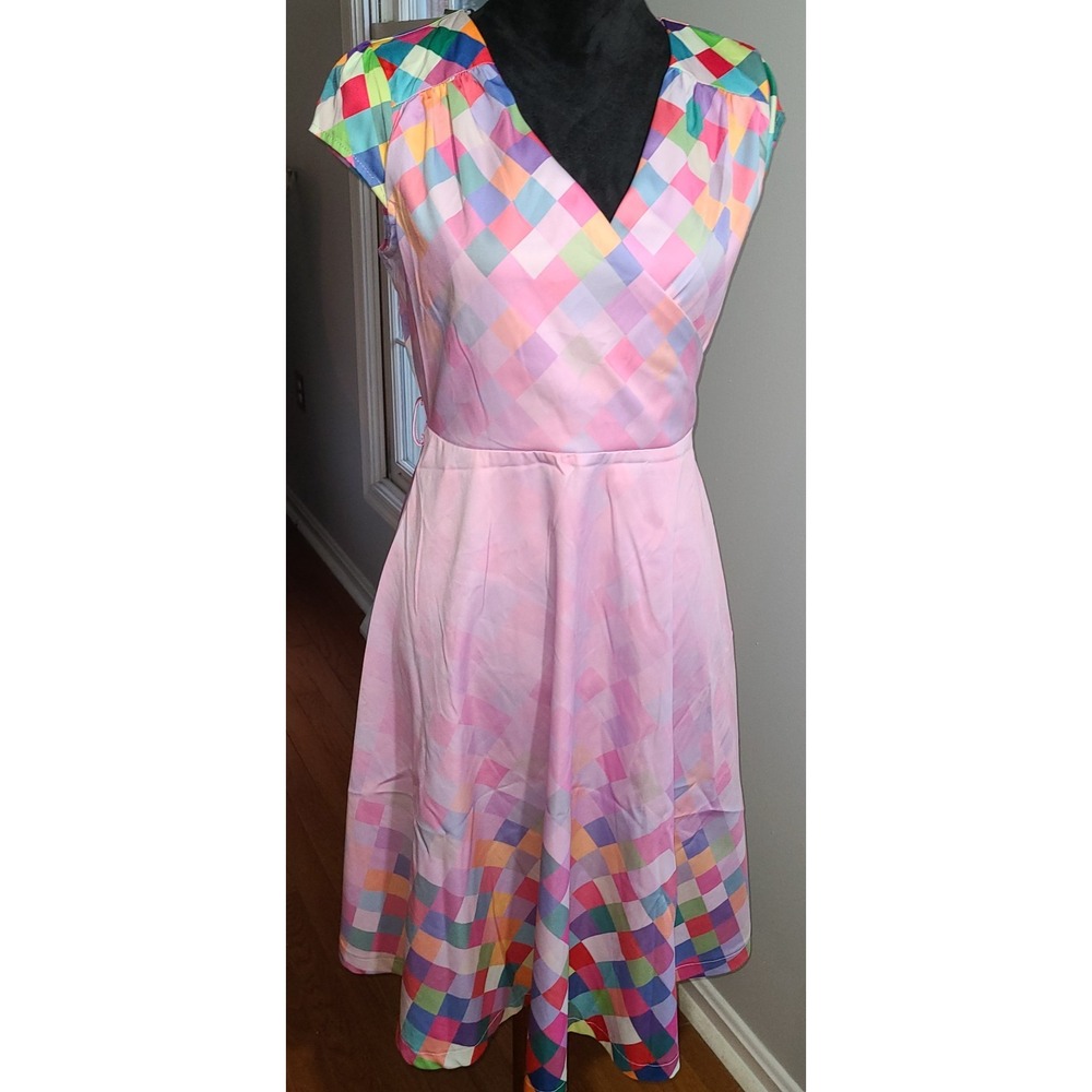 Lindy Bop Vintage Retro Style Swing A Line Pink Lilac Pixel Flare Dress Sz 6